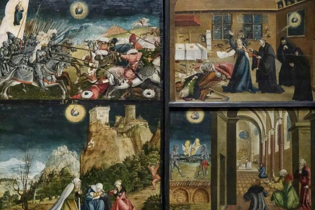Középkori témákat ábrázoló festmények, csatajelenet, templom, vár, emberek